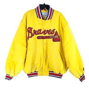 Vtg Starter Atlanta Braves Bomber Jacket Mens 2XL Yellow Satin Quilted Insulated